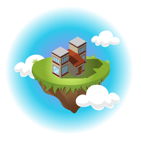 Isometric residential building on flying island in sky with white clouds. Illustration of houses in simple design. For infographic, city, map, business design. Detailed vector art with editable colorsのイラスト素材