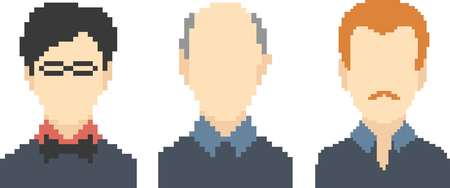 Set of faces in pixel-art style. Retro 8-bit or 16-bit. For your games, retro, business design. Detailed vector clip art with easy editable colorsのイラスト素材