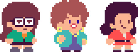 Set of game characters in pixel-art style. Retro 8-bit or 16-bit. For your games, retro, business design. Detailed vector clip art with easy editable colorsのイラスト素材