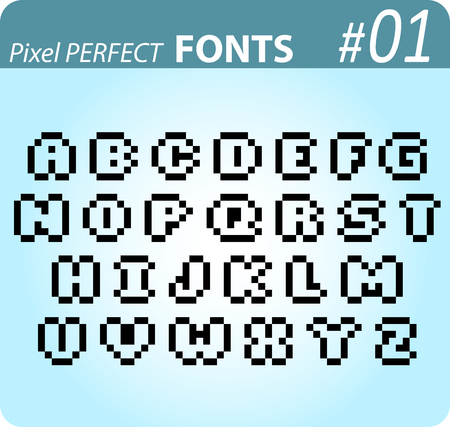Font in perfect pixel art style. Retro 8-bit or 16-bit. For your games, retro, business design. Detailed vector clip art with easy editable colorsの写真素材