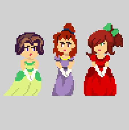 Set of game characters in perfect pixel art style. Women or girls. Retro 8-bit or 16-bit. For your games, retro, business design. Detailed vector clip art with easy editable colorsのイラスト素材