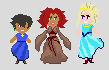 Set of pixel characters in art styleのイラスト素材