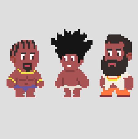 Set of game characters in perfect pixel art style. Men or boys. Retro 8-bit or 16-bit. For your games, retro, business design. Detailed vector clip art with easy editable colorsのイラスト素材