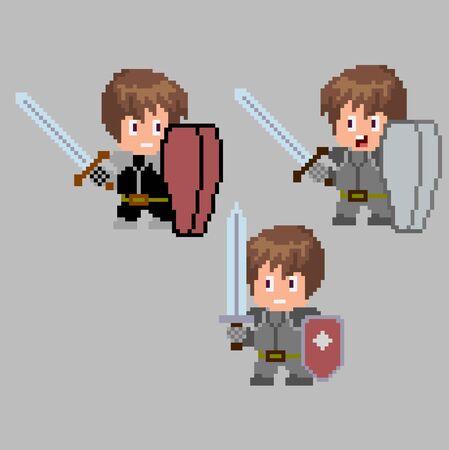 Set of warriors characters with swords in perfect pixel art style for your games, retro or business design. Detailed vector clip art with easy editable colorsのイラスト素材