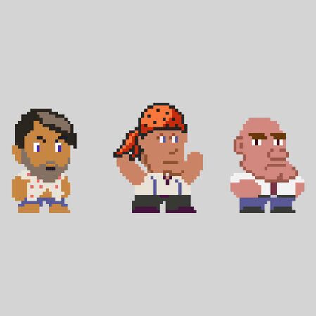 Set of men or boys characters in perfect pixel art style for your games, retro or business design. Detailed vector clip art with easy editable colorsのイラスト素材