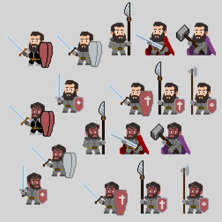 Set of warriors pixel characters in art styleのイラスト素材