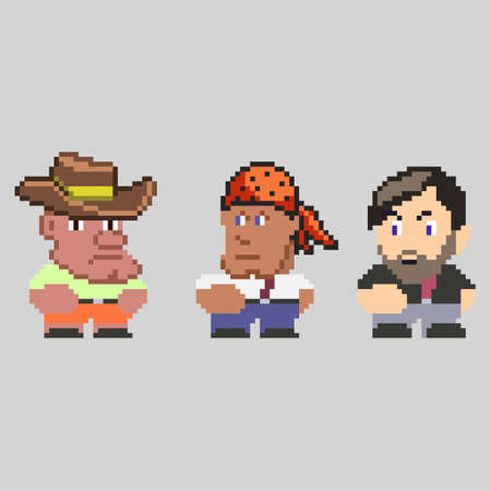 Set of pixel men characters in art styleのイラスト素材