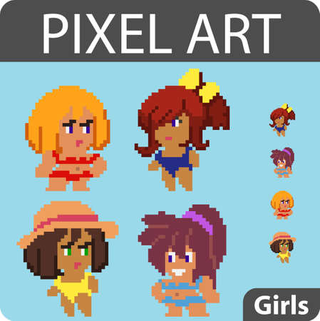 Set of pixel characters in art styleのイラスト素材