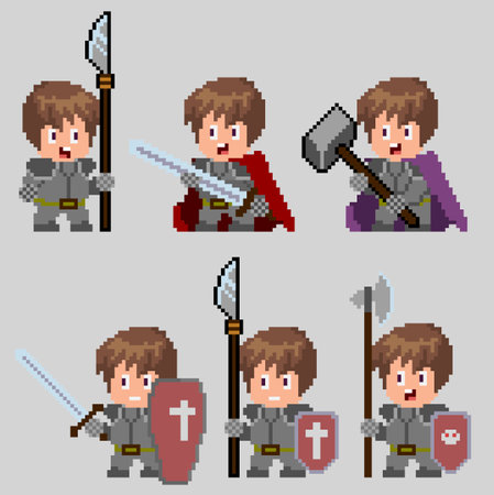 Set of warriors pixel characters in art styleのイラスト素材