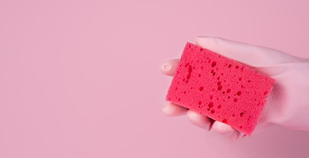 A woman's hand in a rubber glove holds a cleaning sponge on a pink background. Washing and cleaning concept. close-up. copyspace. Banner. selective focus.の写真素材