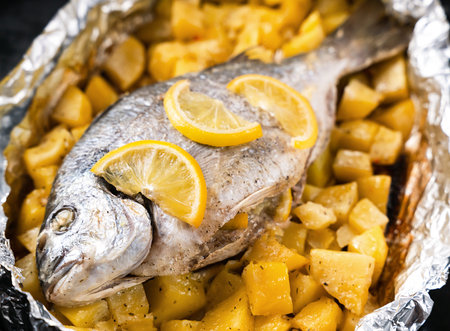 Baked fish Dorado with potatoes in the oven. Close-up. Selective focus.