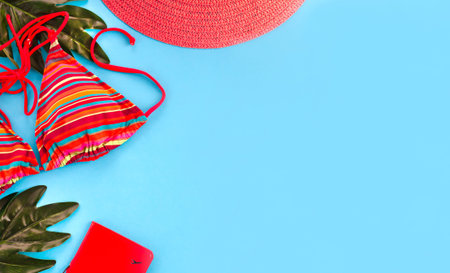 Female summer swimsuit, red hat, passport and green palm branches on blue background. Vacation...