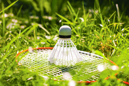 White shuttlecock and badminton racket lie on the green grass. Bright summer sunny day. Concept...