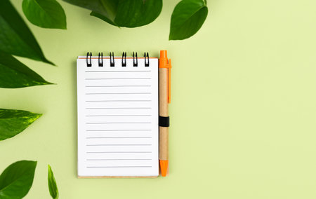 Notebook and pen made of eco friendly materials on a green background. Zero waste, recyclable. Top view. Copy space.の写真素材