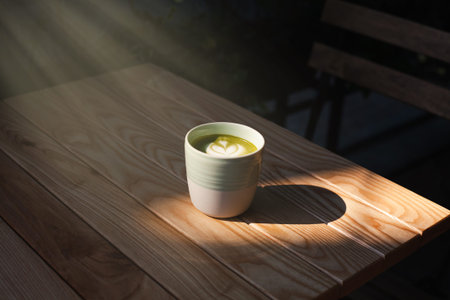 A cup of green tea matcha latte on wooden table at cafe. Healthy food concept. Sun rays. Side view...