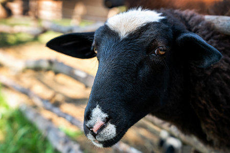 Portrait of a black and white sheep. Close-up. Selective focus.の写真素材
