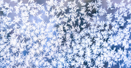 Beautiful frosty pattern on the window. Ice natural pattern. Texture. Selective focus.