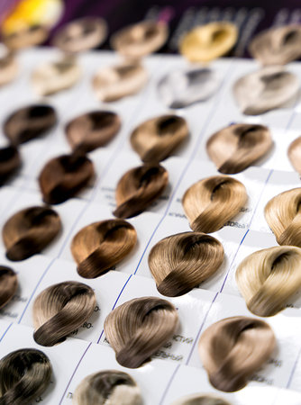 Professional pallet with hair dye samples. Close-up. Selective focus.の写真素材