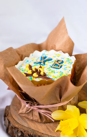 Easter cake decorated with icing and decor. Happy Easter. Close-up. Selective focus.の写真素材