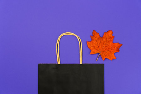 Autumn shopping and sales concept. Black paper shopping bag, autumn leaf on an purple background. Top view. Flatlay composition. Copy space.の写真素材