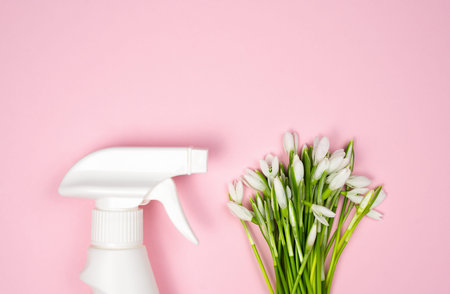 Cleanser and snowdrops on a pink background. Spring cleaning concept. Flatlay. Top view. Copy space.の写真素材