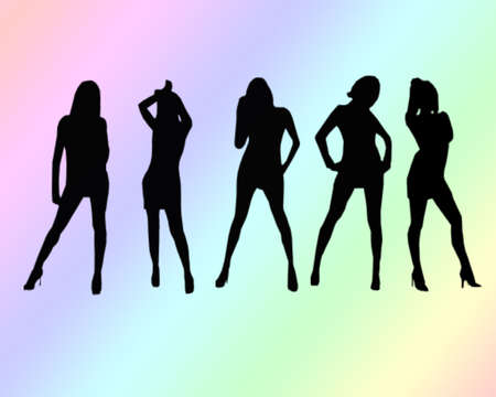 A group of five women hanging out silhouettesの写真素材