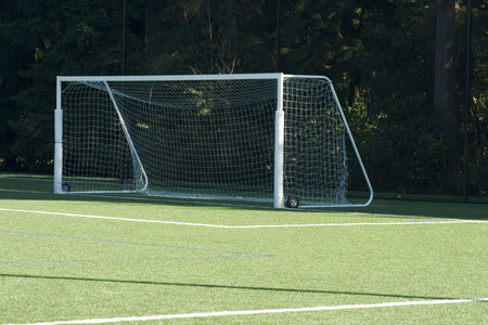 Soccer Goal on Artificial Turf field set both in the sun and shadows.