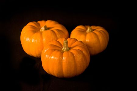Three Isolated Virgin Halloween Pumpkins on a Black Background.の写真素材