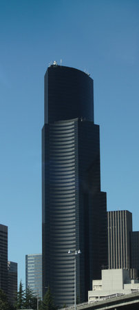 Downtown Seattle Bank Building Architecture against a Blue Sky Background.