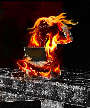 Information Overload Abstract has a Woman on Fire with a laptop while sitting on a pier over water.の写真素材