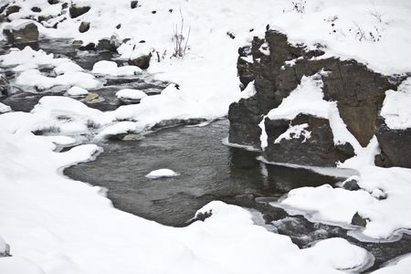 Winter River with Fresh Snow Landscape Nature Background. の写真素材