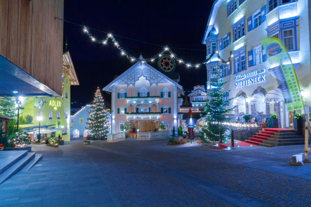 Ortisei December 2015 On Christmas night the streets of Ortisei in the North of Italy, are deserted because the inhabitants are still dinning in the familyのeditorial素材