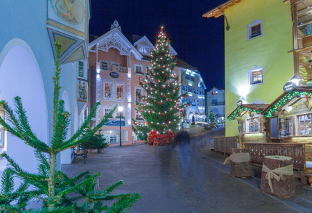 Ortisei December 2015 On Christmas night the streets of Ortisei in the North of Italy, are deserted because the inhabitants are still dinning in the familyのeditorial素材