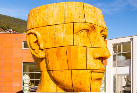 October 2014 Ortisei city This is a close up of one of the many wooden sculptures exhibited in the city of Ortisei that made it famous for this art form.のeditorial素材