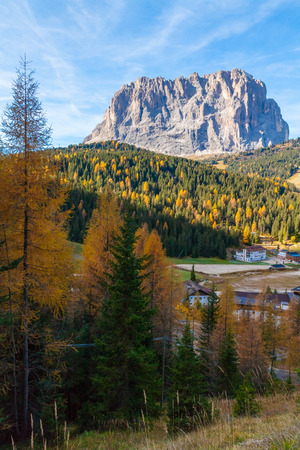 Italian Dolomites Sassolungo mountain at sunsetの写真素材