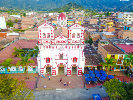 Guatape January 2018 Aerial view, in the afternoon, of the church of Guatape meeting point of locals and tourists where to pray and then have a snack in the locals neighborsのeditorial素材