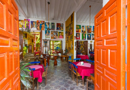 January 2018 This is the entrance of the oldest restaurants in Santa Fe appreciated by tourists for the paintings of many local artists.のeditorial素材