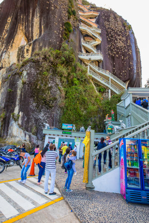January 2018 These is the access stairs to the top of the rock named the Penol in Guatape. In this period turists climb the 600 steps that lead them to the lake of Guatape s over viewpointのeditorial素材