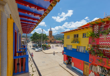 Raquira February 2018 From the terraces of Raquira in Colombia people can enjoy an original view of the streets with colored houses  and of Main squareのeditorial素材