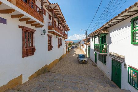 Villa de Leyva February 2018 This is a detail of Villa Leyva town in Colombia. Its streets are full of small shops and cafes where tourists can buy souvenirs and beverages.のeditorial素材