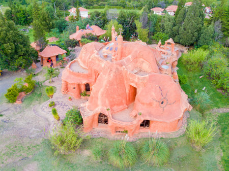 February 2018 This is the aerial view Terracotta House in Villa de Leyva Colombia. A house made of clay considered the largest piece of pottery in the world. This is bricked coloured structure that architect Octavio Mendoza built between 1999 and 2013.のeditorial素材