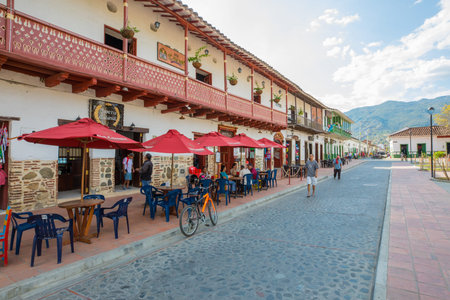 February 2018 Guatape This is Park Simon Bolivar Square in Santa Fe Colombia, known for its restaurants specializing in Colombian food and its cafesのeditorial素材