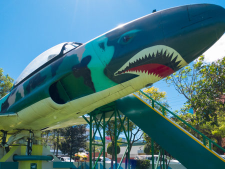 Ecuador June 2018 Spitfire airplane miniature in the recreation park in Loja named Jipiro. This park is a green area in the middle of Loja city full of families resting in their spare time.のeditorial素材