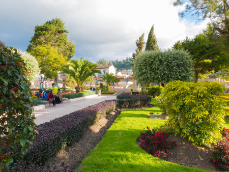 Ecuador June 2018 central park gardens of Catacocha town. This park is a nice place to visit for relaxing  and talking after a working day.のeditorial素材