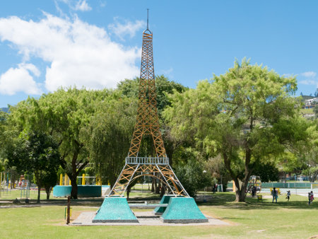 Ecuador June 2018 Tour Eiffel miniature in the recreation park in Loja named Jipiro.のeditorial素材