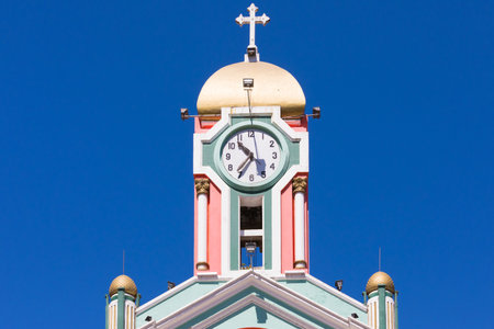 Ecuador June 2018 Bell tower frontal view. Church of Vilcabamba town appreciated by tourists for its colonial architecture.のeditorial素材