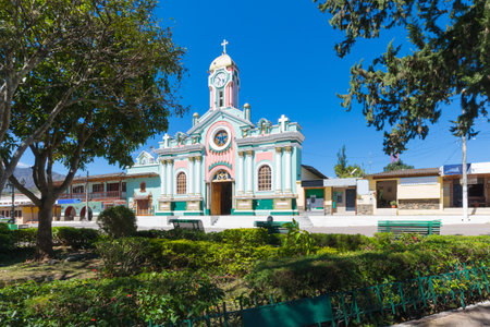 Ecuador June 2018 Church of Vilcabamba town, frontal view. This Church is appreciated by tourists for its colonial architecture.のeditorial素材