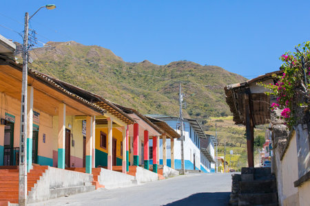 Ecuador June 2018 Small street in Vilcabamba town, in a sunny day. Vilcabamba is appreciated by tourists for its colonial architecture.のeditorial素材
