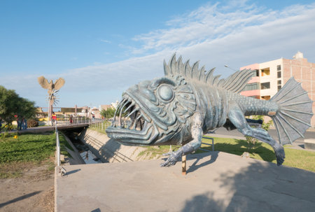 Peru July 27 2018 Statue representing a fish monster  in Yortuque walk Chiclayo town.のeditorial素材