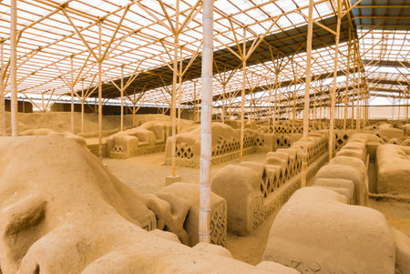 Peru July 2018 Basic structures of an ancient market in Sipan, an archaeological site dates back to 50  700 AD. Famous for its royal Lord of Sipan tomb. On the site the archaeologists are still workingのeditorial素材